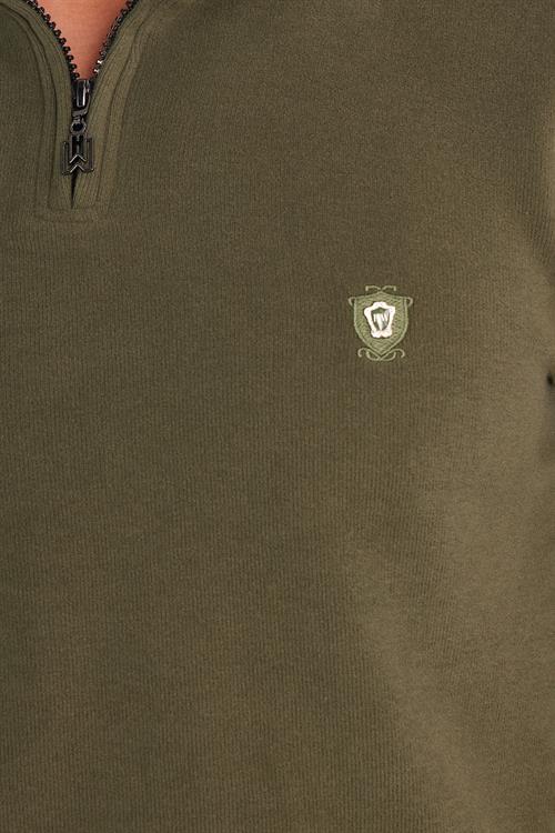 Erkek Slim Fit Dar Kesim Pamuklu Selanik Kumaş Yarım Fermuarlı Haki Dik Yaka Sweatshirt