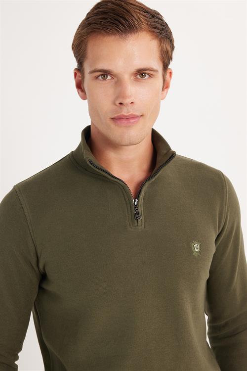 Erkek Slim Fit Dar Kesim Pamuklu Selanik Kumaş Yarım Fermuarlı Haki Dik Yaka Sweatshirt