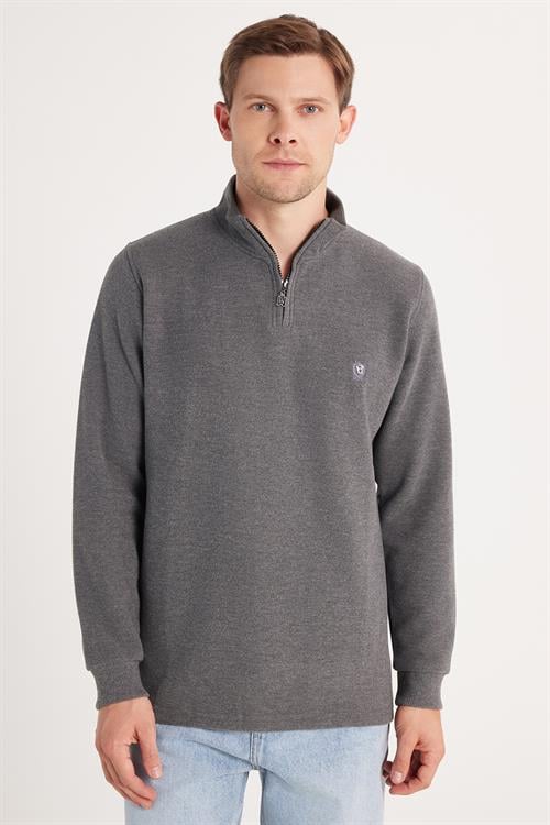 Erkek Slim Fit Dar Kesim Pamuklu Selanik Kumaş Yarım Fermuarlı Antrasit Dik Yaka Sweatshirt - 1 Alana 1 Bedava