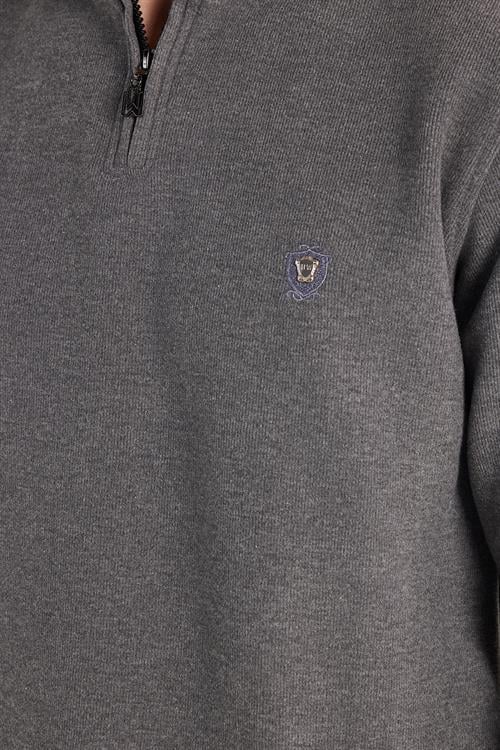 Erkek Slim Fit Dar Kesim Pamuklu Selanik Kumaş Yarım Fermuarlı Antrasit Dik Yaka Sweatshirt