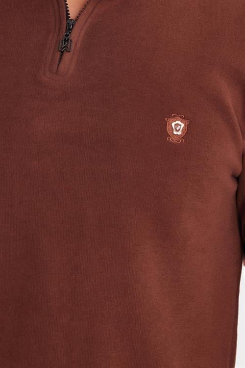 Erkek Slim Fit Dar Kesim Pamuklu Selanik Kumaş Yarım Fermuarlı Kahverengi Dik Yaka Sweatshirt
