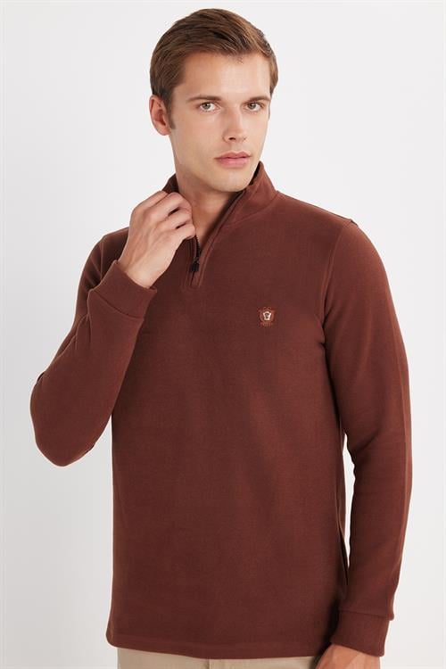 Erkek Slim Fit Dar Kesim Pamuklu Selanik Kumaş Yarım Fermuarlı Kahverengi Dik Yaka Sweatshirt - 1 Alana 1 Bedava