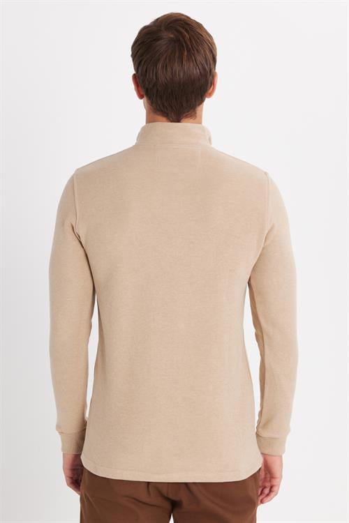 Erkek Slim Fit Dar Kesim Pamuklu Selanik Kumaş Yarım Fermuarlı Taş Dik Yaka Sweatshirt