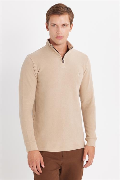 Erkek Slim Fit Dar Kesim Pamuklu Selanik Kumaş Yarım Fermuarlı Taş Dik Yaka Sweatshirt