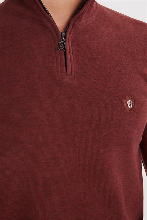 Erkek Slim Fit Dar Kesim Pamuklu Selanik Kumaş Yarım Fermuarlı Kiremit Dik Yaka Sweatshirt