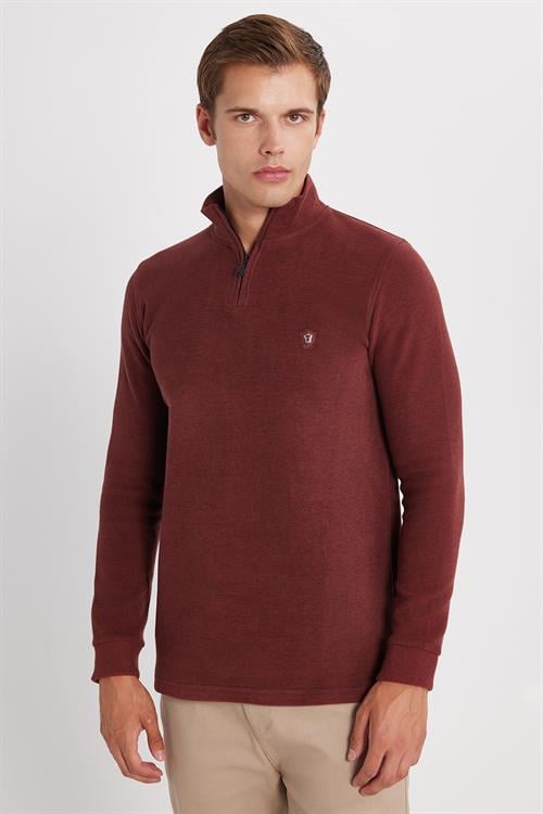 Erkek Slim Fit Dar Kesim Pamuklu Selanik Kumaş Yarım Fermuarlı Kiremit Dik Yaka Sweatshirt - 1 Alana 1 Bedava