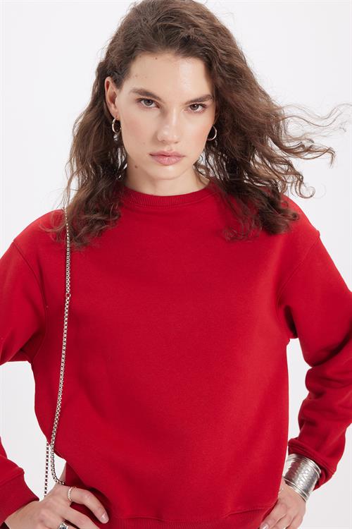 Kadın Oversize Geniş Kesim Pamuklu Bisiklet Yaka Kırmızı Sweatshirt
