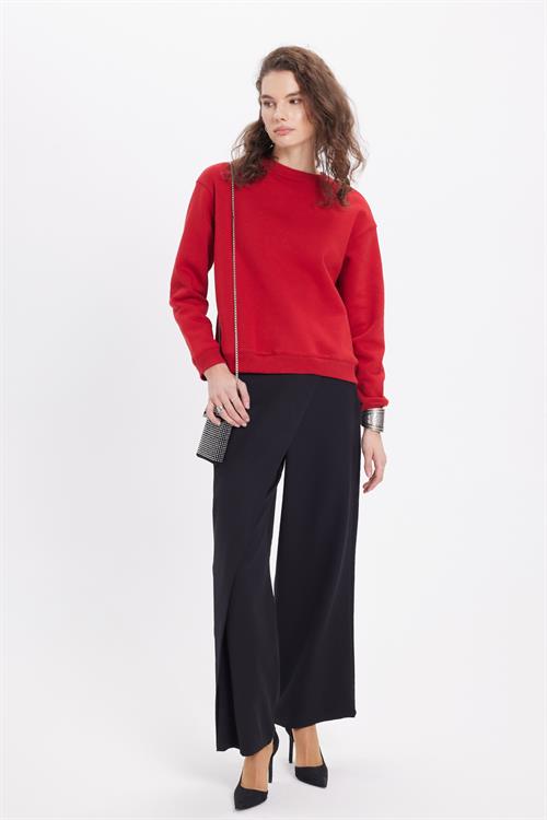Kadın Oversize Geniş Kesim Pamuklu Bisiklet Yaka Kırmızı Sweatshirt