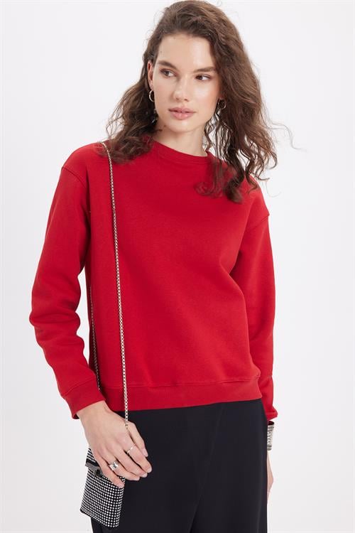 Kadın Oversize Geniş Kesim Pamuklu Bisiklet Yaka Kırmızı Sweatshirt