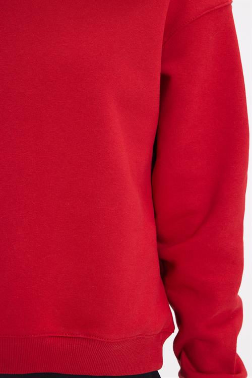 Kadın Oversize Geniş Kesim Pamuklu Bisiklet Yaka Kırmızı Sweatshirt