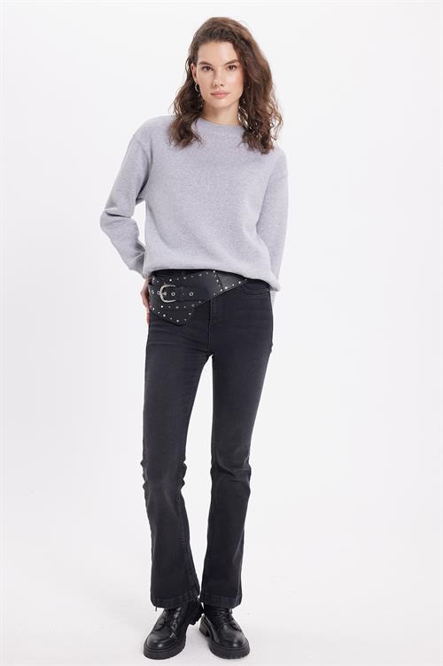 Kadın Oversize Geniş Kesim Pamuklu Bisiklet Yaka Gri Sweatshirt