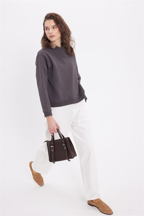 Kadın Oversize Geniş Kesim Pamuklu Bisiklet Yaka Füme Sweatshirt