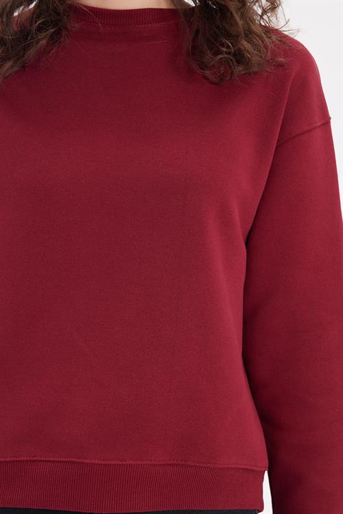 Kadın Oversize Geniş Kesim Pamuklu Bisiklet Yaka Bordo Sweatshirt