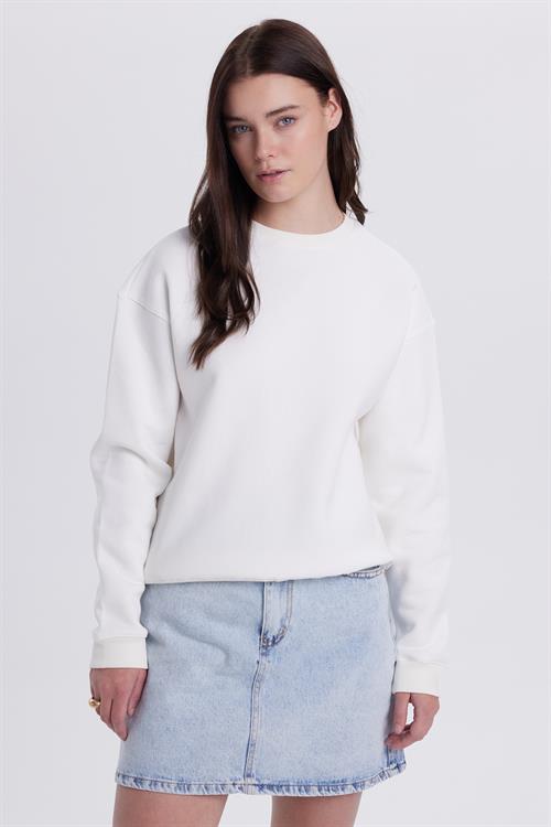 Kadın Oversize Geniş Kesim Pamuklu Bisiklet Yaka Ekru Sweatshirt
