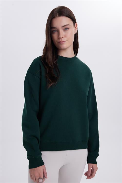 Kadın Oversize Geniş Kesim Pamuklu Bisiklet Yaka Yeşil Sweatshirt