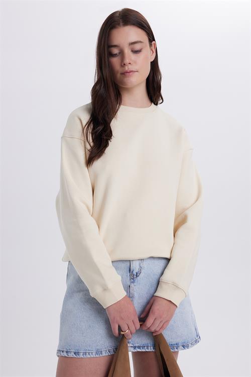 Kadın Oversize Geniş Kesim Pamuklu Bisiklet Yaka Taş Sweatshirt