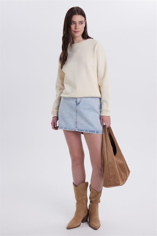 Kadın Oversize Geniş Kesim Pamuklu Bisiklet Yaka Taş Sweatshirt