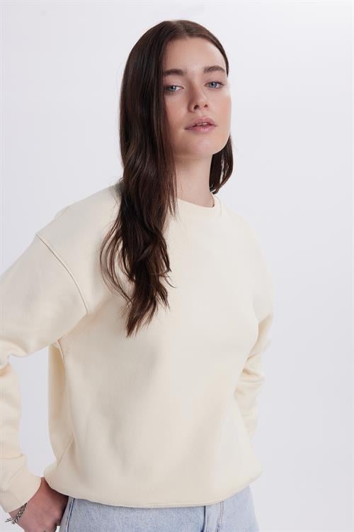 Kadın Oversize Geniş Kesim Pamuklu Bisiklet Yaka Taş Sweatshirt