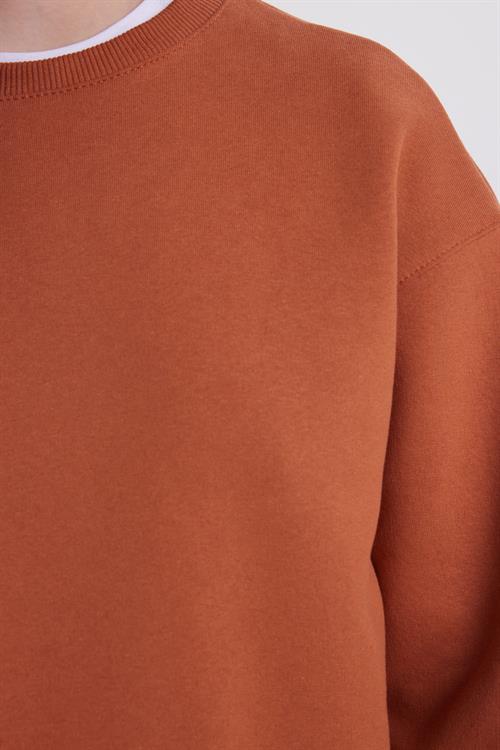 Kadın Oversize Geniş Kesim Pamuklu Bisiklet Yaka Kiremit Sweatshirt