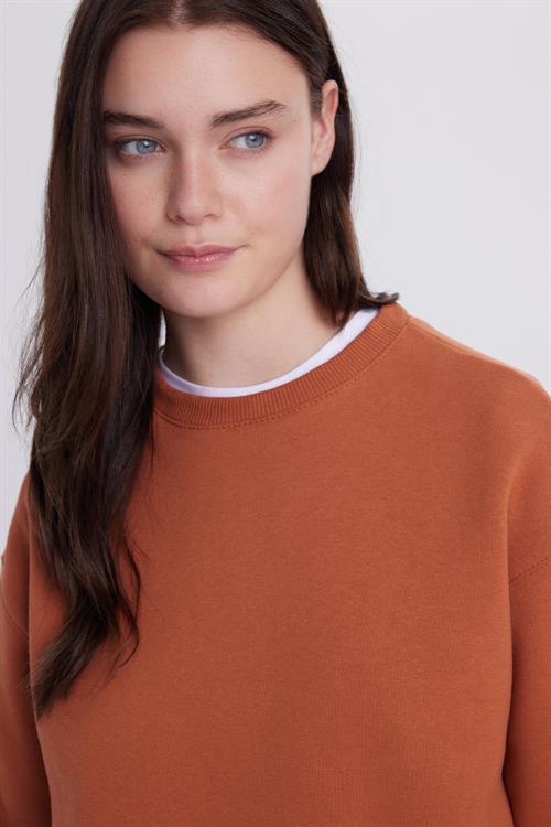 Kadın Oversize Geniş Kesim Pamuklu Bisiklet Yaka Kiremit Sweatshirt