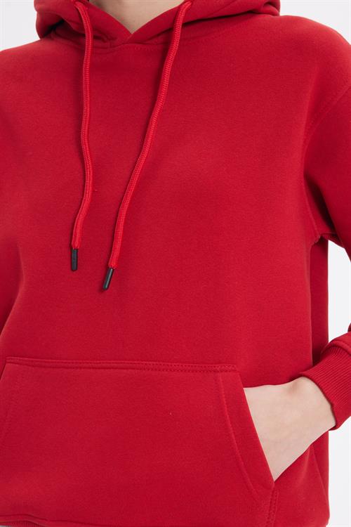 Kadın Relax Fit Rahat Kesim Pamuklu Kapüşonlu Kanguru Cepli Kırmızı Sweatshirt