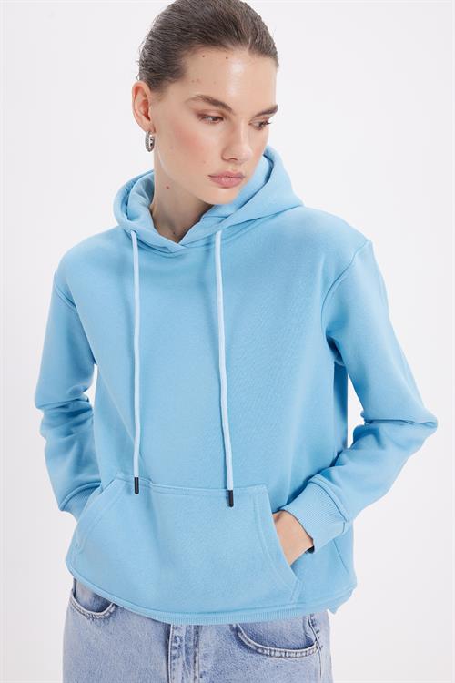 Kadın Relax Fit Rahat Kesim Pamuklu Kapüşonlu Kanguru Cepli Mavi Sweatshirt