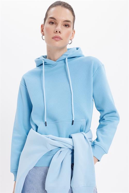 Kadın Relax Fit Rahat Kesim Pamuklu Kapüşonlu Kanguru Cepli Mavi Sweatshirt