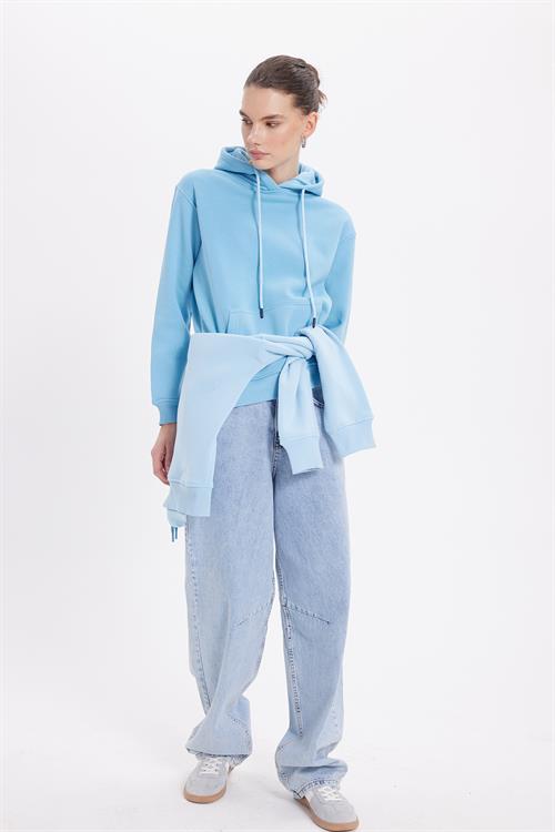 Kadın Relax Fit Rahat Kesim Pamuklu Kapüşonlu Kanguru Cepli Mavi Sweatshirt
