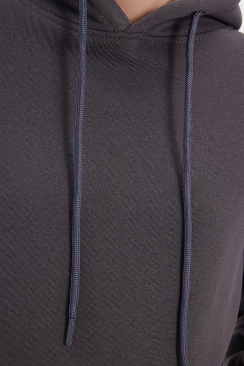 Kadın Relax Fit Rahat Kesim Pamuklu Kapüşonlu Kanguru Cepli Füme Sweatshirt