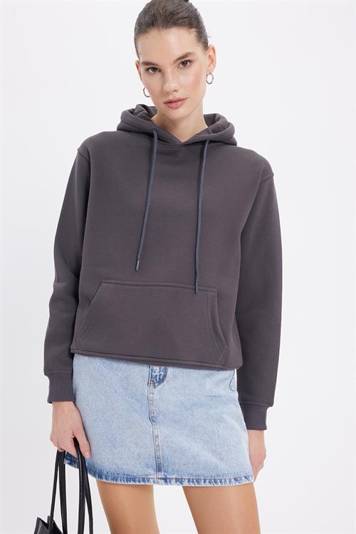 Kadın Relax Fit Rahat Kesim Pamuklu Kapüşonlu Kanguru Cepli Füme Sweatshirt