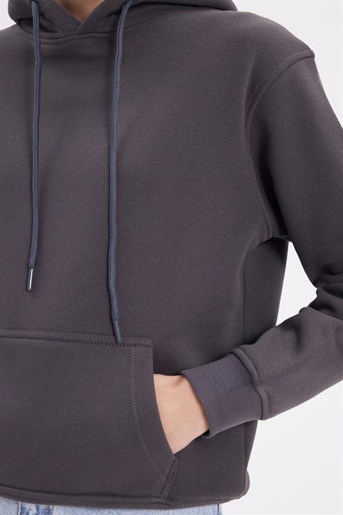 Kadın Relax Fit Rahat Kesim Pamuklu Kapüşonlu Kanguru Cepli Füme Sweatshirt