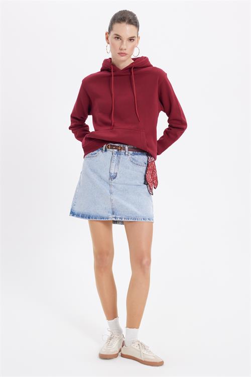 Kadın Relax Fit Rahat Kesim Pamuklu Kapüşonlu Kanguru Cepli Bordo Sweatshirt