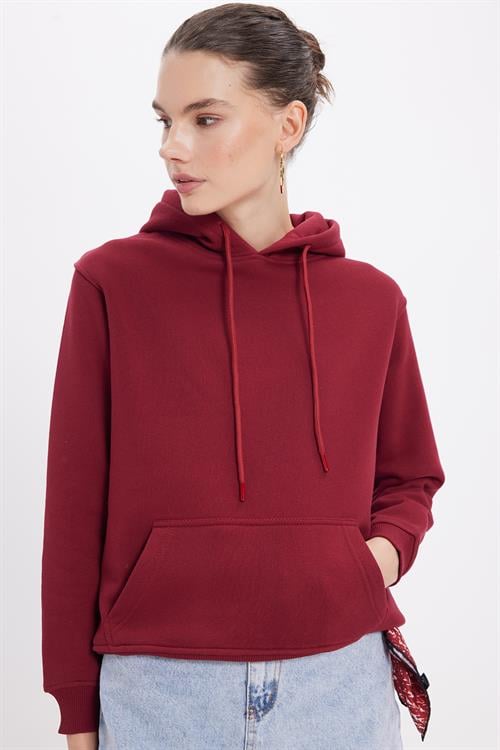 Kadın Relax Fit Rahat Kesim Pamuklu Kapüşonlu Kanguru Cepli Bordo Sweatshirt