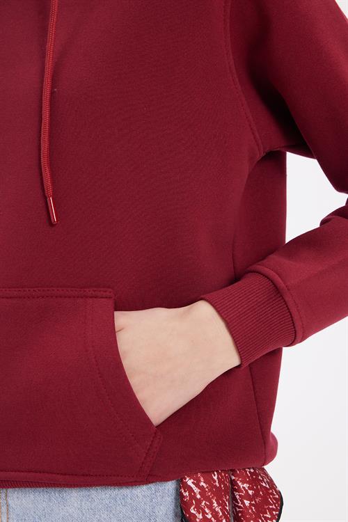 Kadın Relax Fit Rahat Kesim Pamuklu Kapüşonlu Kanguru Cepli Bordo Sweatshirt