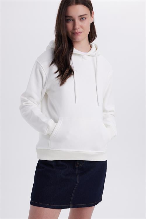 Kadın Relax Fit Rahat Kesim Pamuklu Kapüşonlu Kanguru Cepli Ekru Sweatshirt