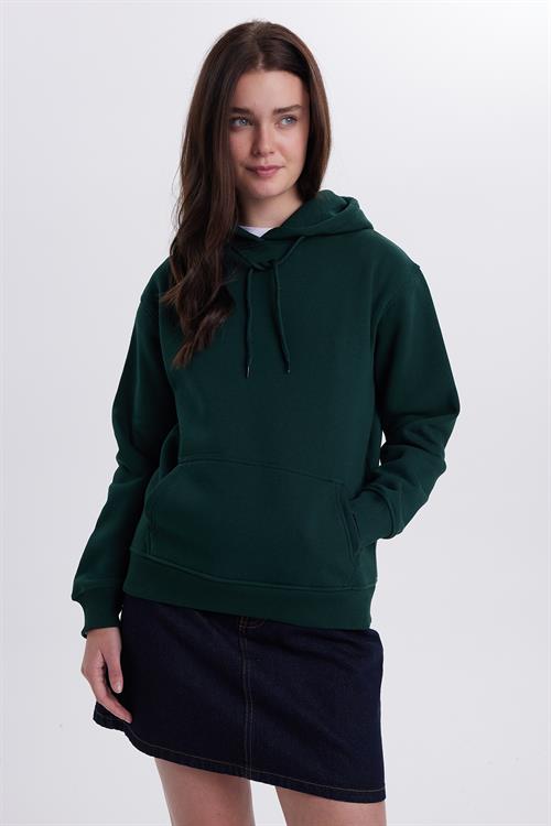 Kadın Relax Fit Rahat Kesim Pamuklu Kapüşonlu Kanguru Cepli Yeşil Sweatshirt