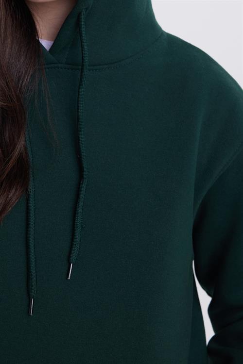 Kadın Relax Fit Rahat Kesim Pamuklu Kapüşonlu Kanguru Cepli Yeşil Sweatshirt