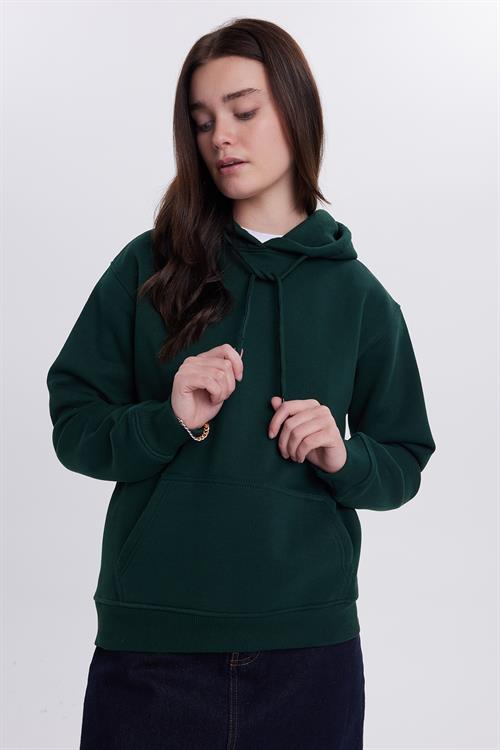 Kadın Relax Fit Rahat Kesim Pamuklu Kapüşonlu Kanguru Cepli Yeşil Sweatshirt