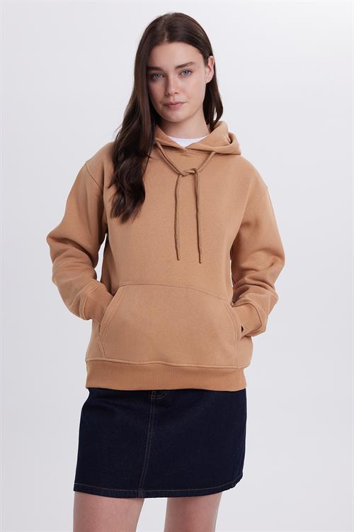 Kadın Relax Fit Rahat Kesim Pamuklu Kapüşonlu Kanguru Cepli Kiremit Sweatshirt