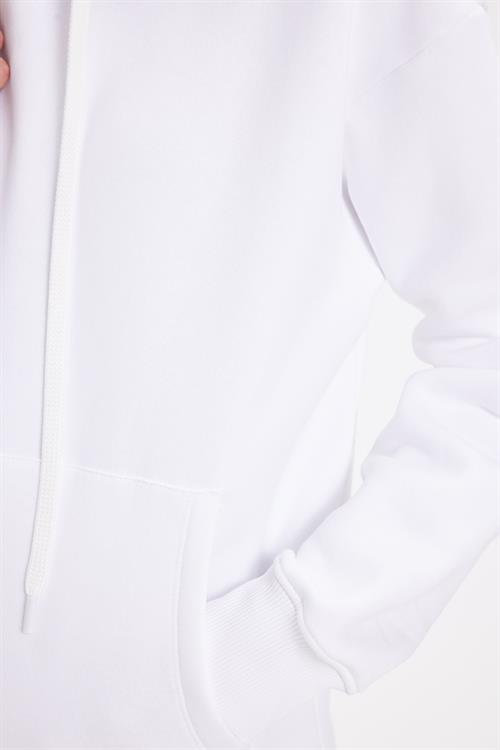 Kadın Oversize Geniş Kesim Pamuklu Yumuşak Dokulu İçi Polarlı Basic Beyaz Kapüşonlu Sweatshirt