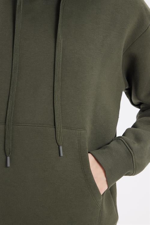 Kadın Oversize Geniş Kesim Pamuklu Yumuşak Dokulu İçi Polarlı Basic Yeşil Kapüşonlu Sweatshirt