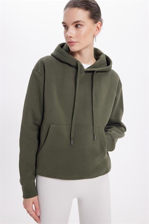 Kadın Oversize Geniş Kesim Pamuklu Yumuşak Dokulu İçi Polarlı Basic Yeşil Kapüşonlu Sweatshirt