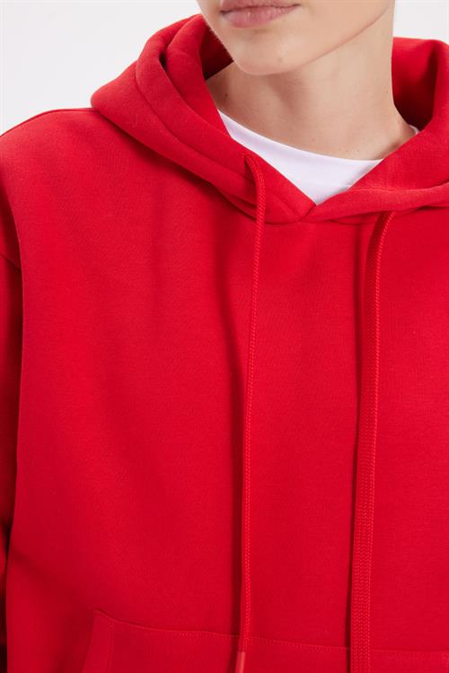 Kadın Oversize Geniş Kesim Pamuklu Yumuşak Dokulu İçi Polarlı Basic Kırmızı Kapüşonlu Sweatshirt
