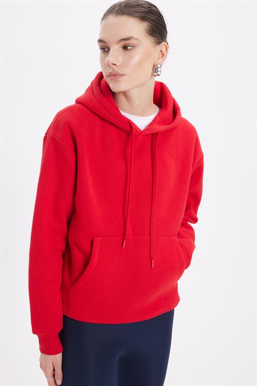 Kadın Oversize Geniş Kesim Pamuklu Yumuşak Dokulu İçi Polarlı Basic Kırmızı Kapüşonlu Sweatshirt