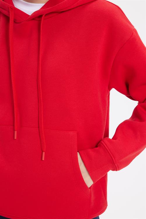 Kadın Oversize Geniş Kesim Pamuklu Yumuşak Dokulu İçi Polarlı Basic Kırmızı Kapüşonlu Sweatshirt