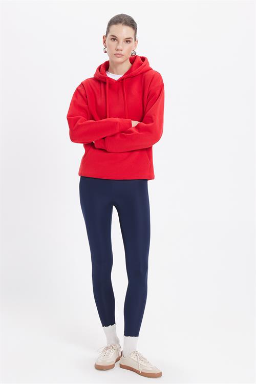 Kadın Oversize Geniş Kesim Pamuklu Yumuşak Dokulu İçi Polarlı Basic Kırmızı Kapüşonlu Sweatshirt
