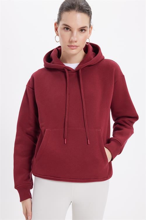 Kadın Oversize Geniş Kesim Pamuklu Yumuşak Dokulu İçi Polarlı Basic Bordo Kapüşonlu Sweatshirt