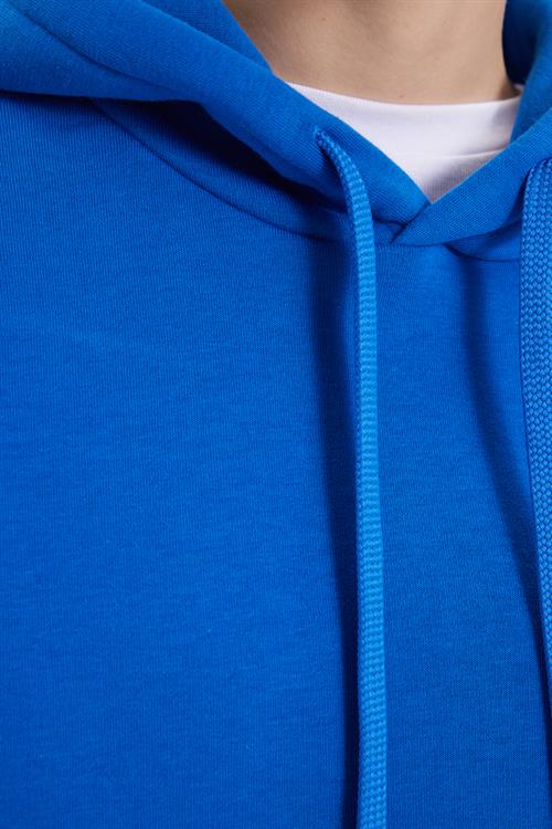 Kadın Oversize Geniş Kesim Pamuklu Yumuşak Dokulu İçi Polarlı Basic Saks Mavi Kapüşonlu Sweatshirt