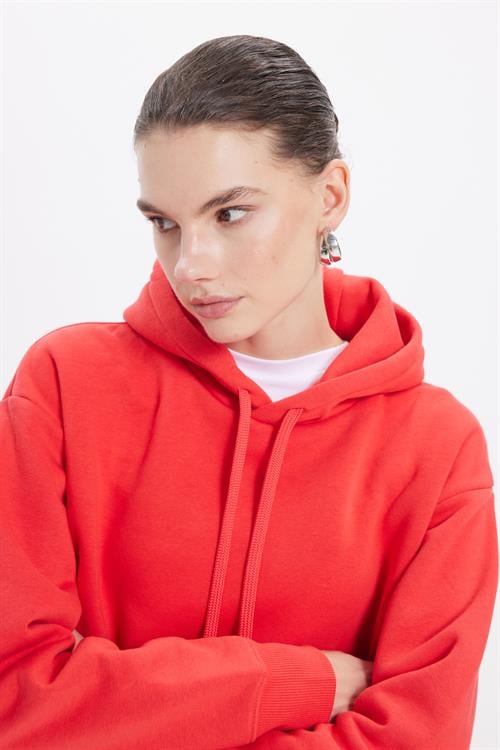 Kadın Oversize Geniş Kesim Pamuklu Yumuşak Dokulu İçi Polarlı Basic Nar Renk Kapüşonlu Sweatshirt