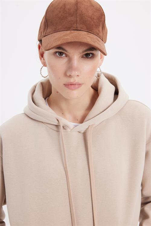 Kadın Oversize Geniş Kesim Pamuklu Yumuşak Dokulu İçi Polarlı Basic Bej Kapüşonlu Sweatshirt